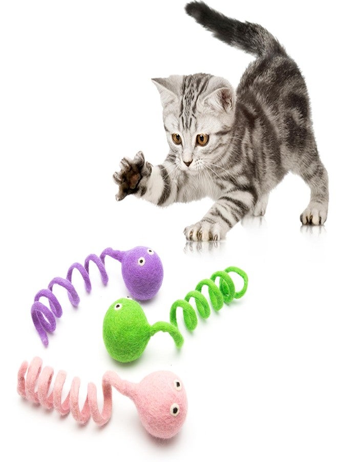 Glaciart One Felt Spring Cat Toy – 3 Pcs Soft Fuzzy Enrichment 100% Natural Wool - Interactive Stretchable Play Set - Safe for Pets, Non-AZO Colored Dyes - 4” Long - Image 3